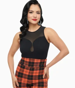 Black Ribbed Bodysuit With Mesh Neckline