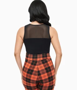Black Ribbed Bodysuit With Mesh Neckline