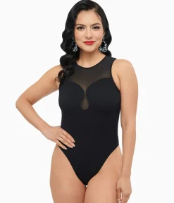 Black Ribbed Bodysuit With Mesh Neckline