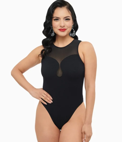 Black Ribbed Bodysuit With Mesh Neckline