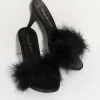Black Satin & Marabou Feather Peep Toe Amour Heel Slipper