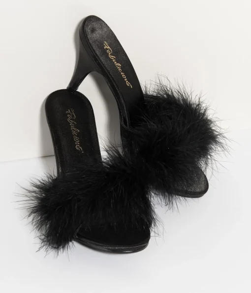 Black Satin & Marabou Feather Peep Toe Amour Heel Slipper