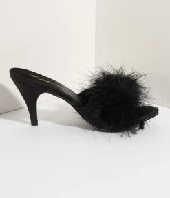Black Satin & Marabou Feather Peep Toe Amour Heel Slipper