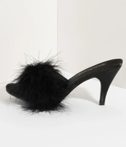 Black Satin & Marabou Feather Peep Toe Amour Heel Slipper