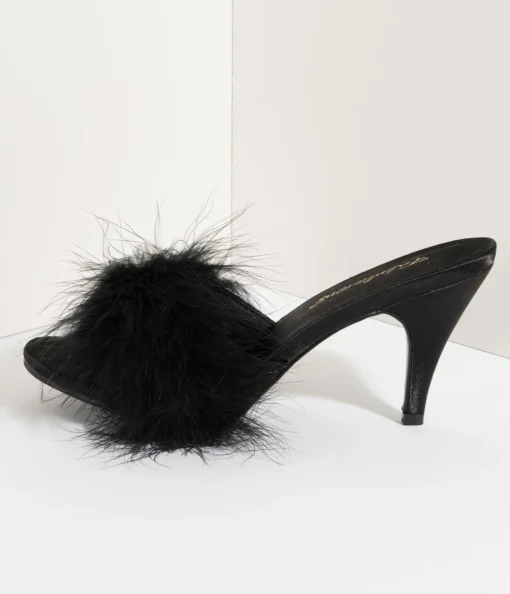 Black Satin & Marabou Feather Peep Toe Amour Heel Slipper