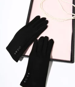 Black Wrist Length Buttons Texting Gloves