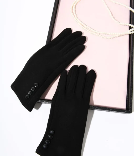 Black Wrist Length Buttons Texting Gloves