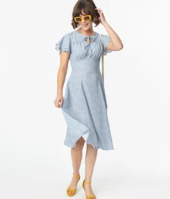 Blue & White Floral Print Lydia Swing Dress