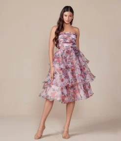 Blush Floral Print Short A-Line Strapless Prom Dress