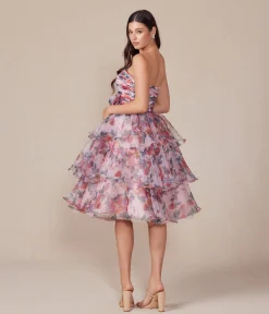 Blush Floral Print Short A-Line Strapless Prom Dress