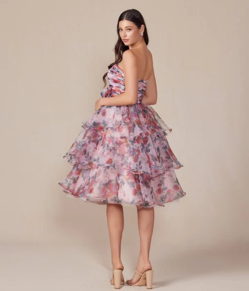 Blush Floral Print Short A-Line Strapless Prom Dress