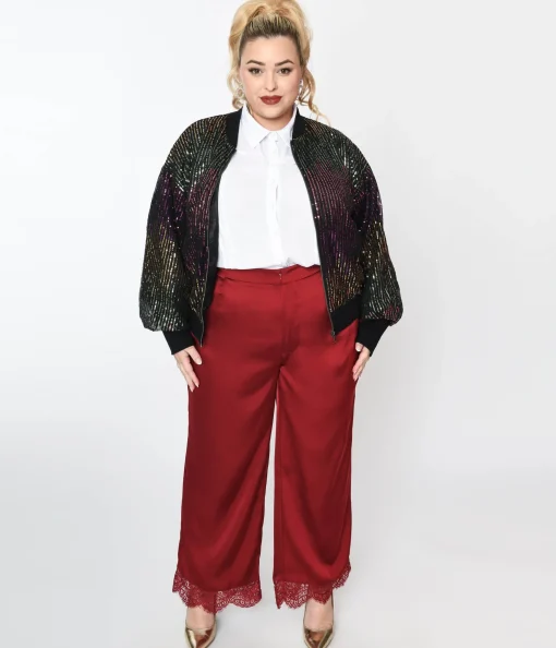 Burgundy Satin & Lace Trim Mathilde Pants