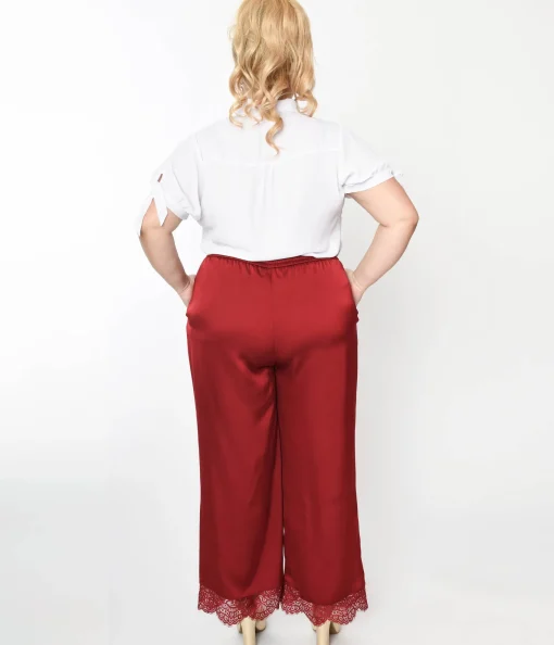 Burgundy Satin & Lace Trim Mathilde Pants