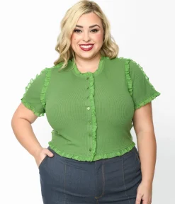 Cactus Green Ruffle Edge Knit Top