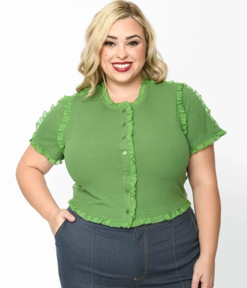 Cactus Green Ruffle Edge Knit Top