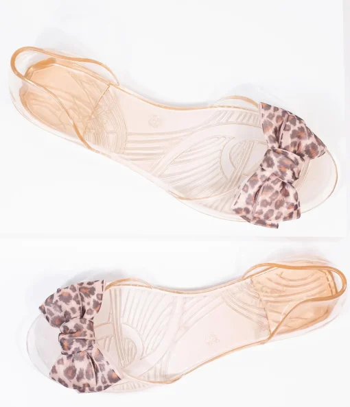 Champagne Jelly & Leopard Bow Peep Toe Selena Flats