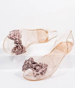 Champagne Jelly & Leopard Bow Peep Toe Selena Flats