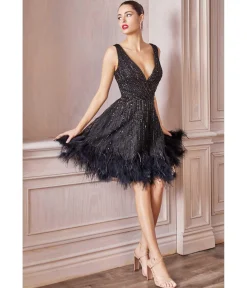 Cinderella Divine Black Rhinestone & Feather Hem Bridesmaid Cocktail Dress