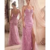 Cinderella Divine Blossom Pink Sequin Beaded High Slit Fitted Prom Gown