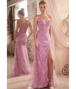 Cinderella Divine Blossom Pink Sequin Beaded High Slit Fitted Prom Gown