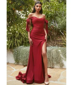 Cinderella Divine Burgundy Off The Shoulder Tie Prom Gown