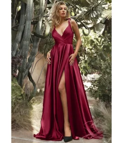 Cinderella Divine Burgundy Flowy Satin A-Line Bridesmaid Gown