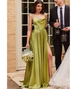 Cinderella Divine Chartreuse Liquid Satin Prom Gown