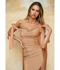Cinderella Divine Desert Rose Off The Shoulder Tie Prom Gown