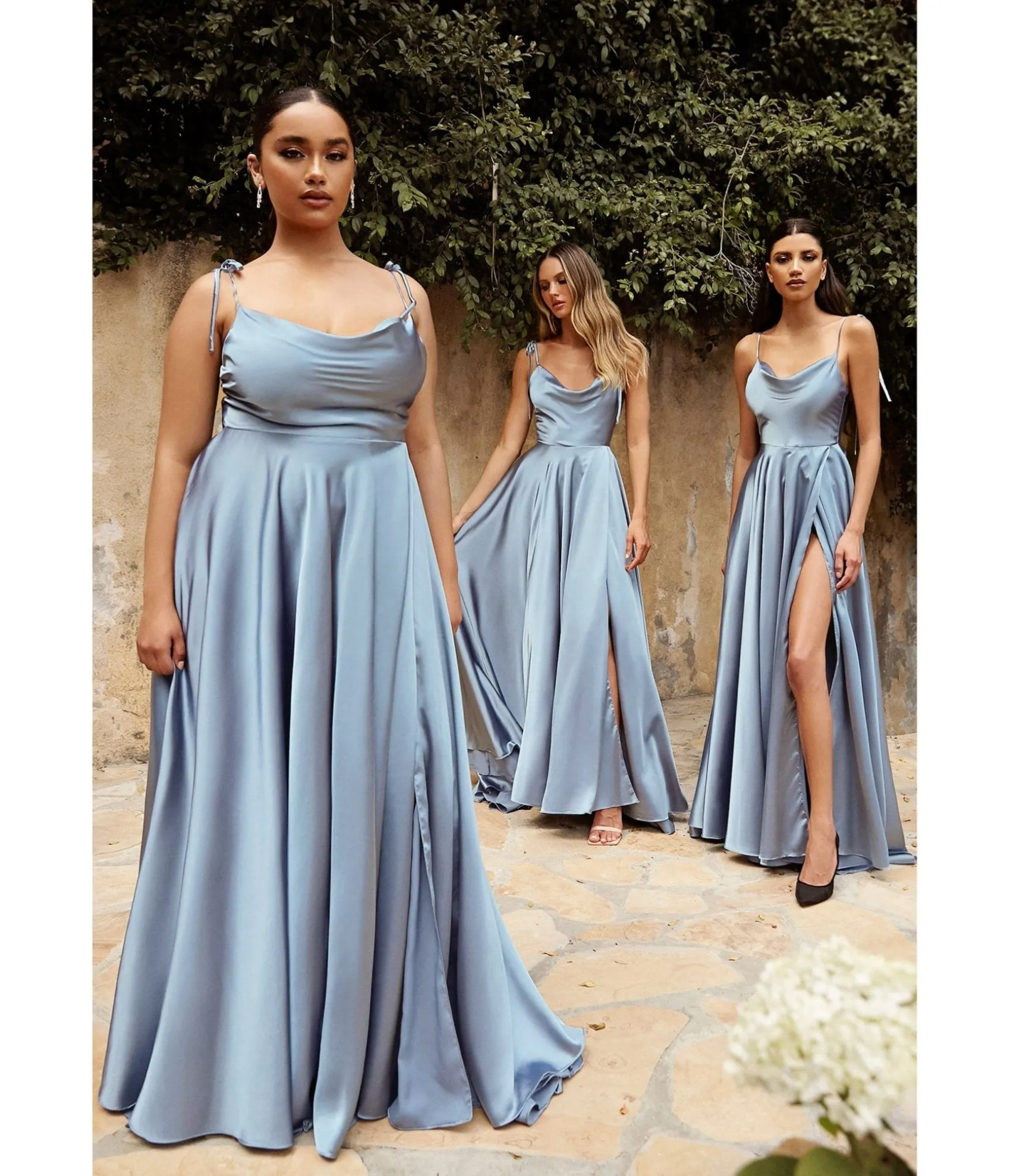 Cinderella Divine Dusty Blue Liquid Satin Prom Gown