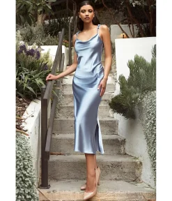 Cinderella Divine Dusty Blue Satin Slip Homecoming Midi Dress