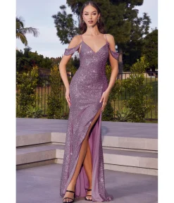 Cinderella Divine Dusty Lavender Sequin Cold Shoulder Bridesmaid Gown