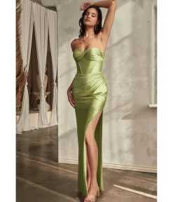Cinderella Divine Greenery Satin Strapless Corset Lace Up Back Evening Gown