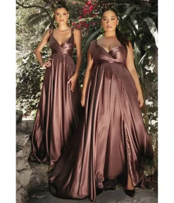 Cinderella Divine Mahogany Flowy Satin A-Line Bridesmaid Gown