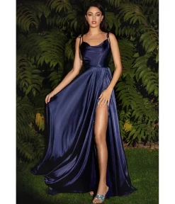 Cinderella Divine Navy Liquid Satin Prom Gown