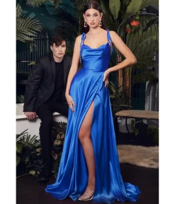Cinderella Divine Royal Blue Liquid Satin Prom Gown