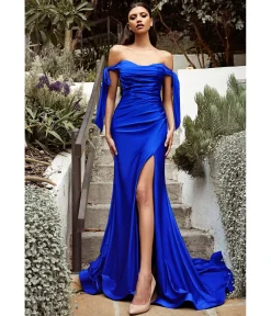 Cinderella Divine Royal Blue Off The Shoulder Tie Prom Gown