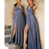 Cinderella Divine Smoky Blue Glamour Satin A-Line Bridesmaid Dress