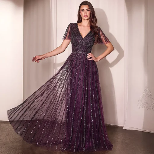 Cinderella Divine Eggplant Beaded Short Sleeve A-Line Prom Dress