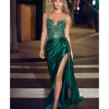 Cinderella Divine Emerald Satin Fitted Beaded Slit Evening Gown