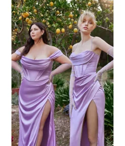 Cinderella Divine Lavender Satin Off the Shoulder Corset Bridesmaid Gown