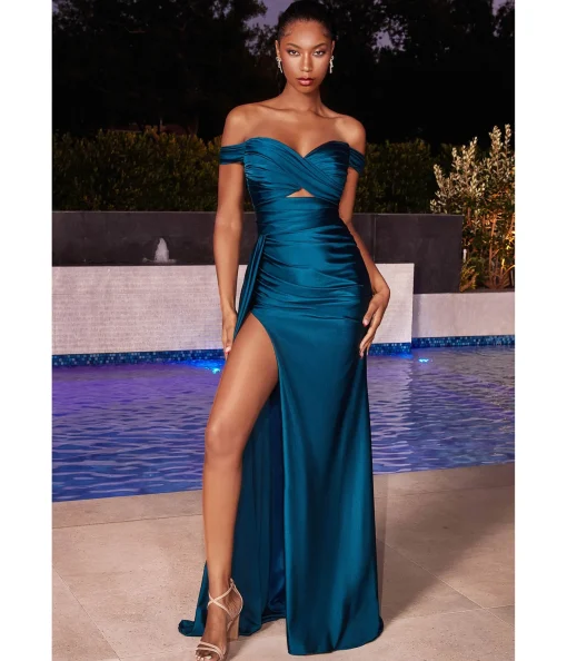 Cinderella Divine Peacock Keyhole Satin Prom Gown