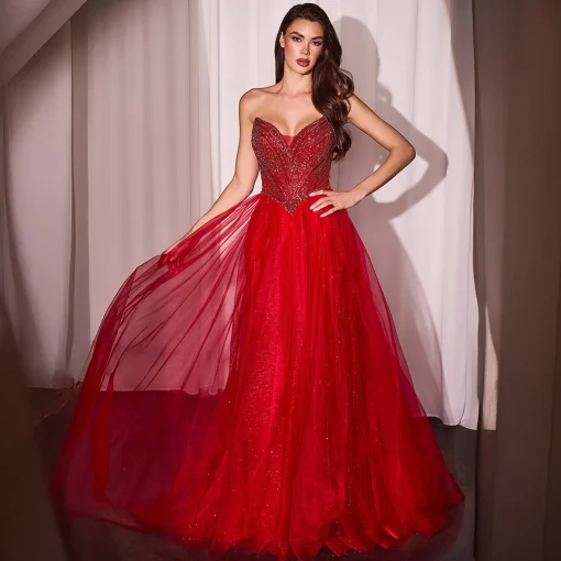 Cinderella Divine Red Beaded Strapless Tulle Prom Dress