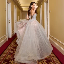 Cinderella Divine Silver Nude Pearl Beaded Sleeveless Prom Dress