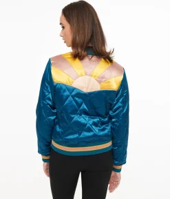 Classic Rock Couture 1970s Teal Peacock Rising Sun Chainstitch Bomber Jacket
