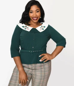Collectif Green & Floral Collar Peplum Blouse