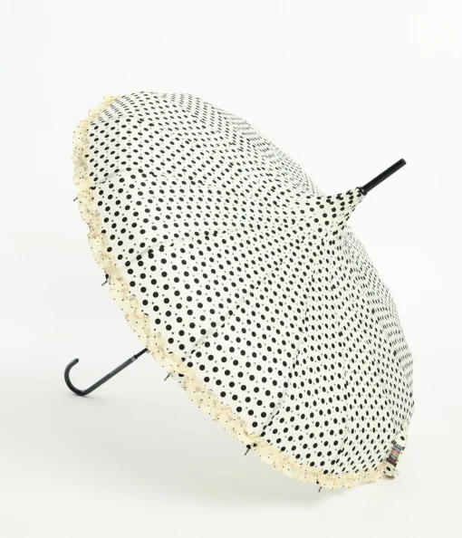 Cream & Black Sparkle Dot Frilled Pagoda Umbrella