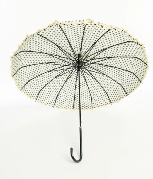 Cream & Black Sparkle Dot Frilled Pagoda Umbrella