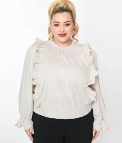 Cream Striped Scallop Ruffle Blouse