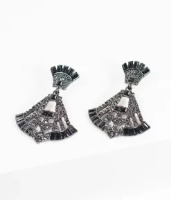 Deco Style Black Rhinestone Drop Fan Earrings
