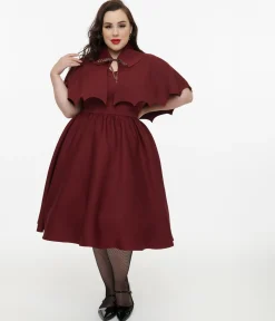 Disney Hocus Pocus Collection by Unique Vintage Plus Size Burgundy & Grey Plaid Hocus Pocus Capelet Swing Dress
